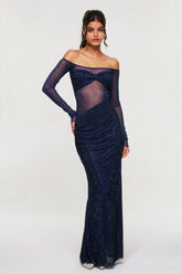 Bleddyn Yapay Elmaslı Omuz Açık Maksi Elbise